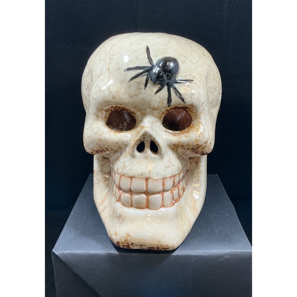 Ceramic Skull Candle Holder Halloween Decor Spider Bat Cutouts Mottled Glaze - Picture 1 of 10